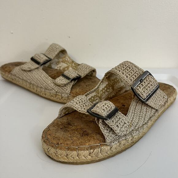 Sakroots Slide Cork Crochet Metallic Tan Thread Buckle Mandy Sandals Size 8 - Picture 2 of 6